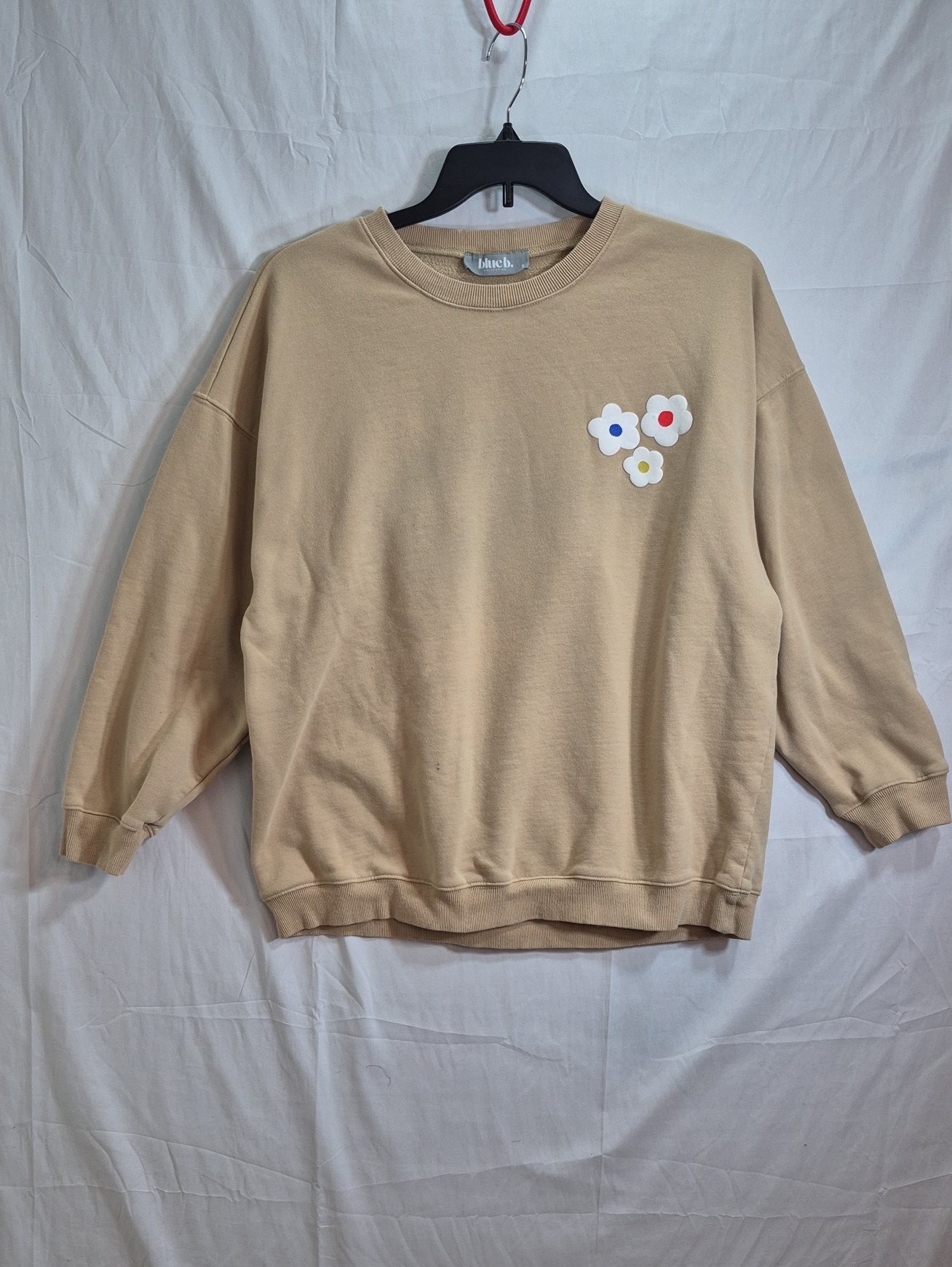 Blue B French Terry Beige Floral Patch Crewneck Sweatshirt